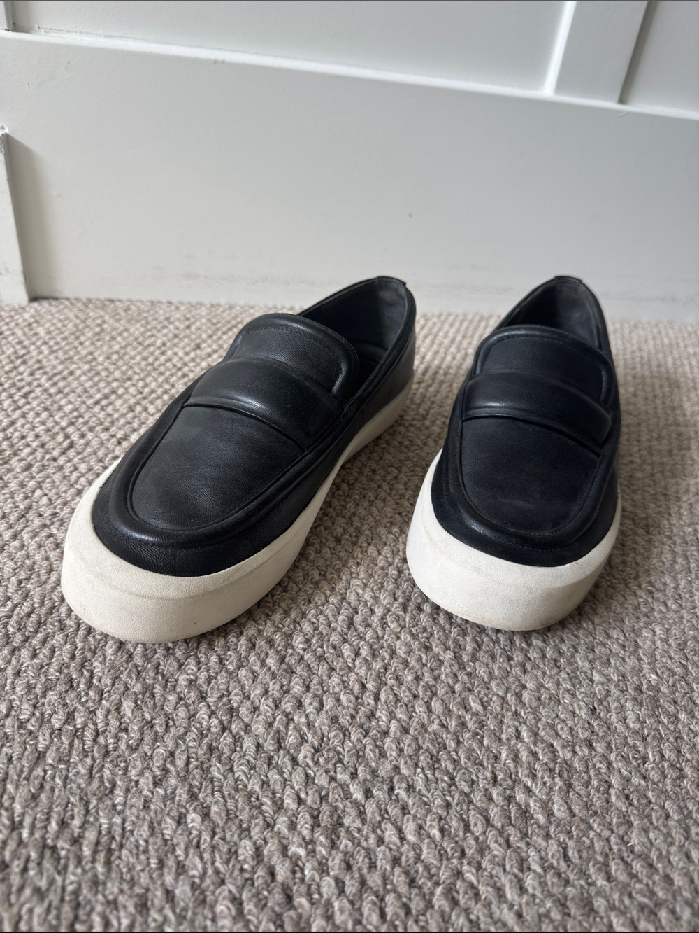 Vince Black Leather Slip-On Loafers with Cream Platform